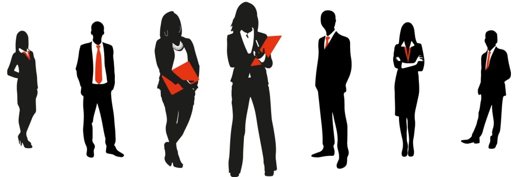 Three silhouettes of people in business attire holding papers.